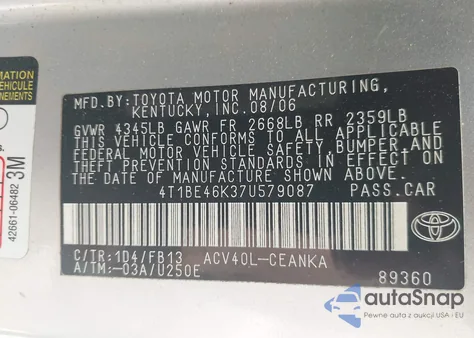 2007 Toyota Camry Le z USA, uszkodzony, nr VIN 4T1BE46K37U579087